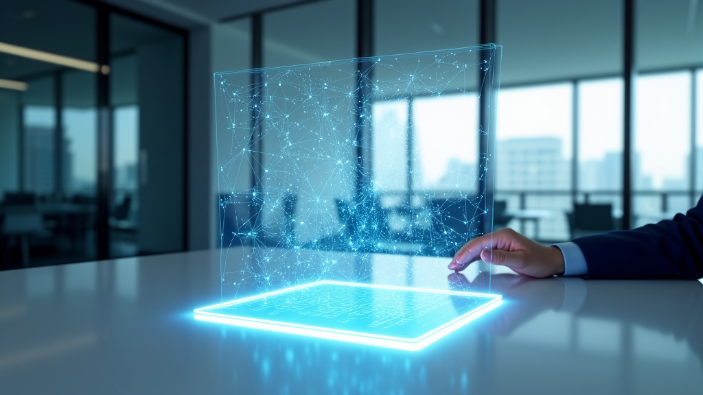 A sleek, minimalist office setting with a large transparent holographic display showing interconnected nodes in blue light.