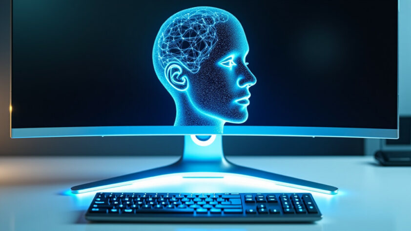 A sleek, modern workspace featuring a holographic 3D projection of a human face above a white desk.