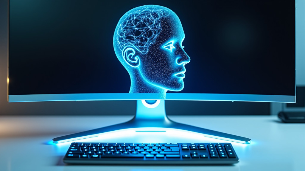 A sleek, modern workspace featuring a holographic 3D projection of a human face above a white desk.