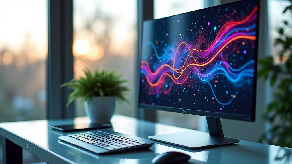 A sleek professional workspace with a modern glass desk, elegant computer display, and minimalist desk setup in natural lighting.