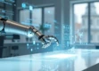 A sleek, modern robotic arm manipulating holographic interfaces in a minimalist workspace.