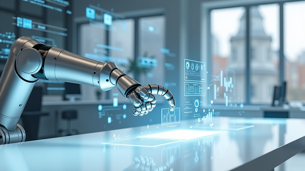 A sleek, modern robotic arm manipulating holographic interfaces in a minimalist workspace.