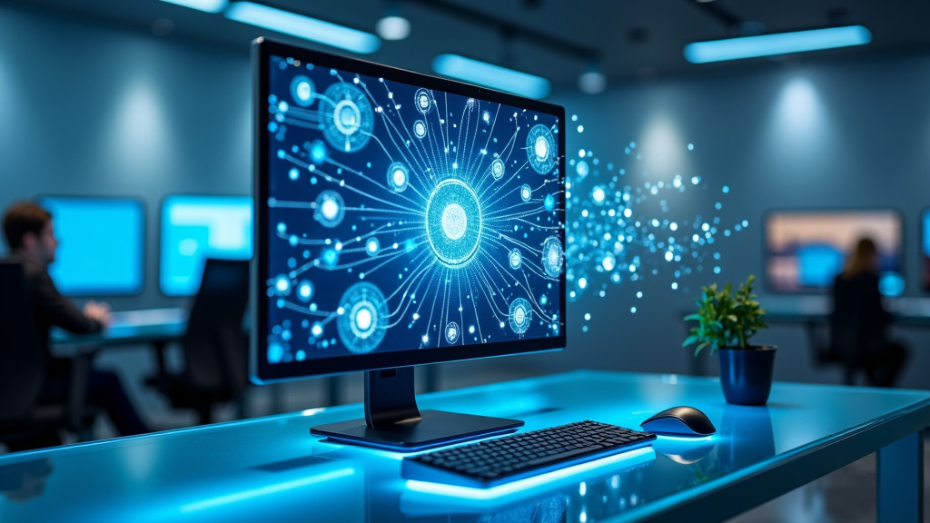 A sleek modern workspace with a holographic interface displaying interconnected nodes in soft blue light.