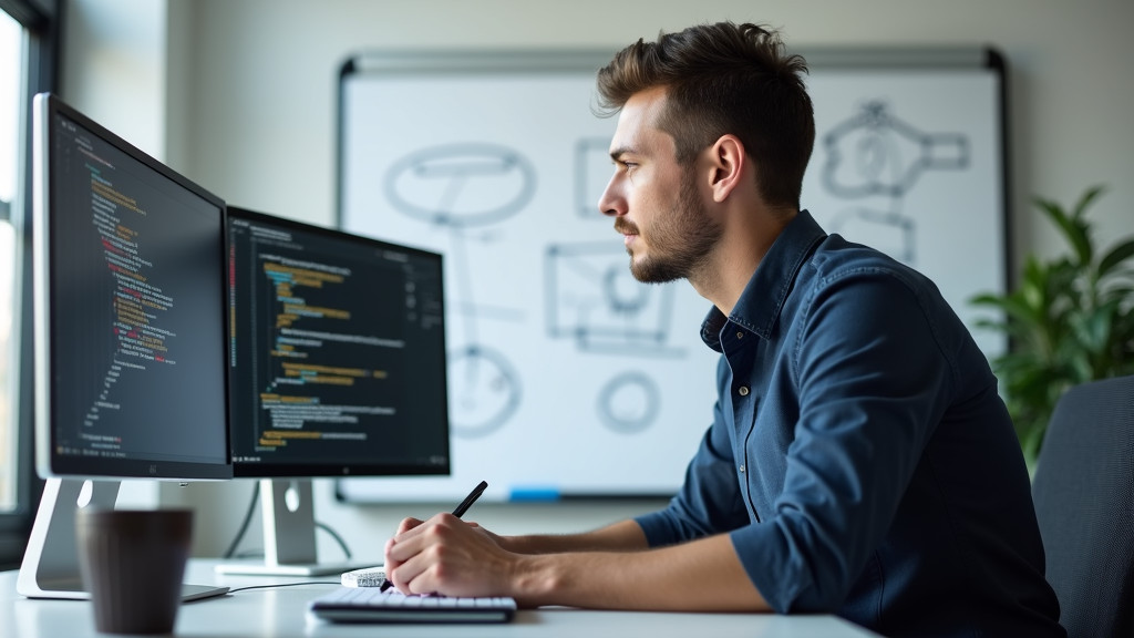 A professional software developer focused at a modern desk with dual monitors and a whiteboard filled with diagrams.