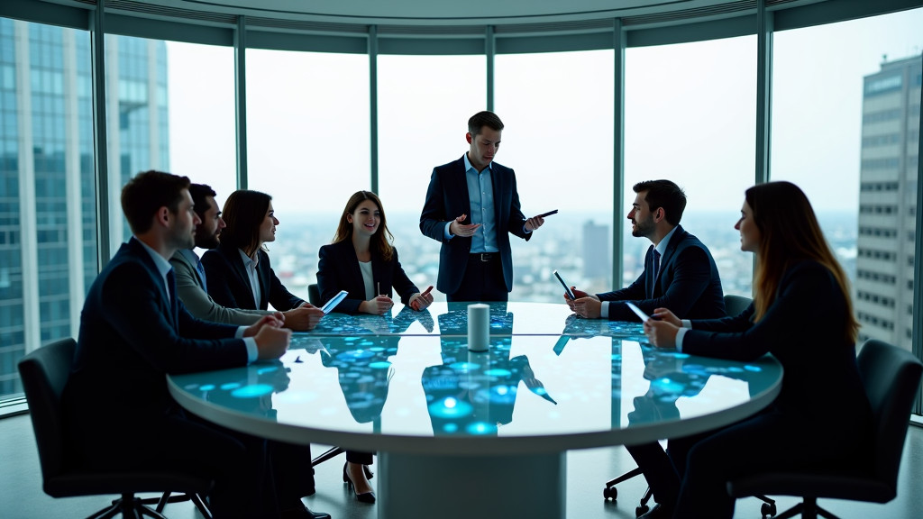 A modern conference room with professionals collaborating around a circular table and holographic displays.