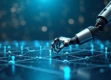 A robotic arm conducting an invisible orchestra in a modern setting with digital streams.