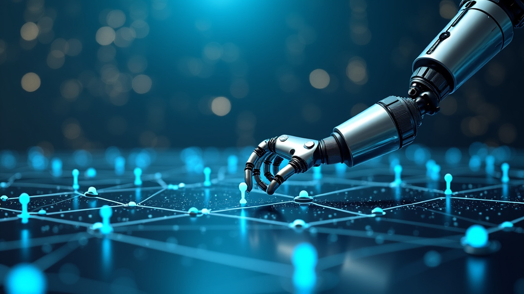 A robotic arm conducting an invisible orchestra in a modern setting with digital streams.
