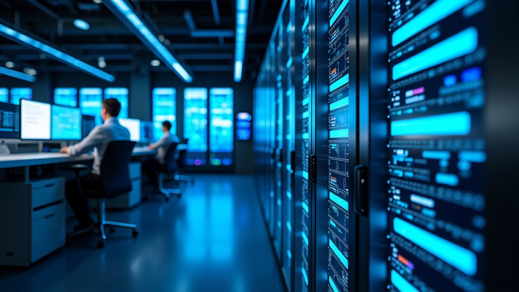 A split-screen showing a modern server room and multiple computer screens connected by glowing lines, representing data security and system integration.