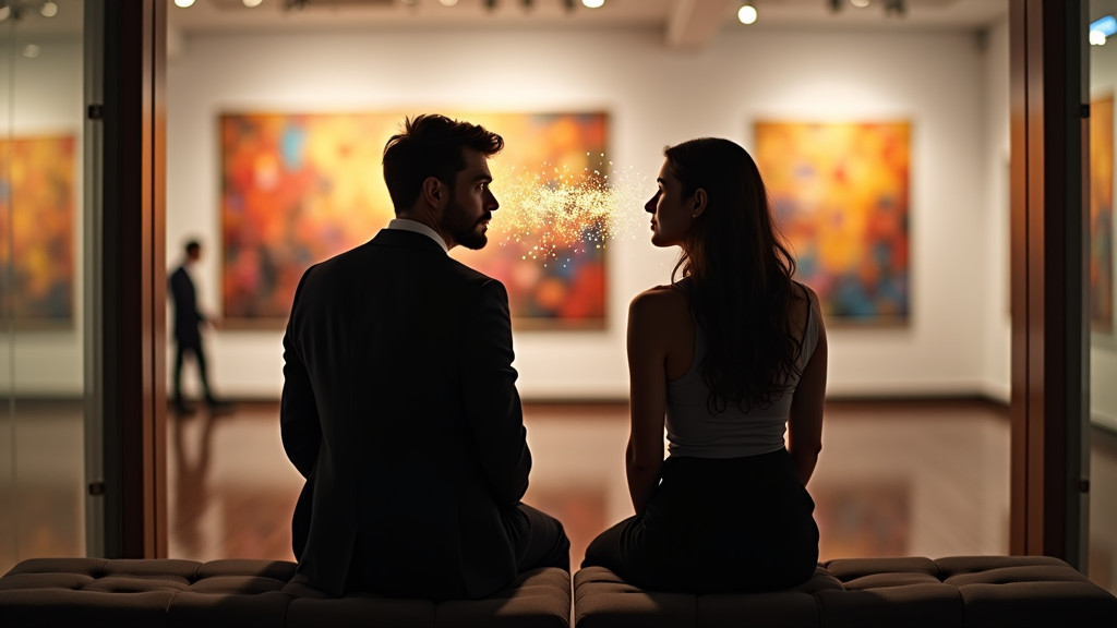 Two silhouetted figures connecting with glowing threads of light in a modern art gallery.