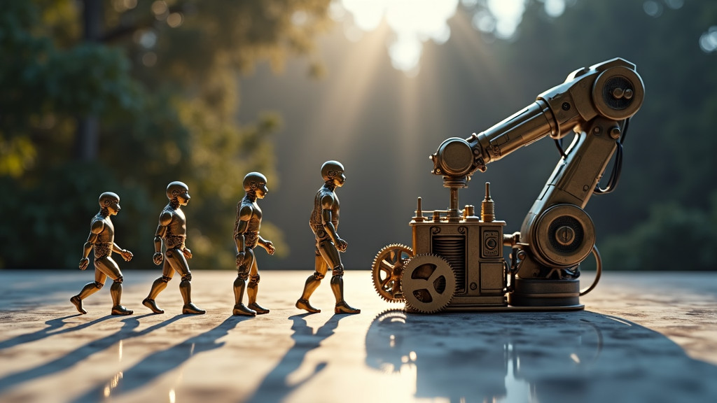 A photorealistic still life composition depicting technological evolution with a brass gear mechanism, steam engine piston, and modern robotic arm on a marble surface.