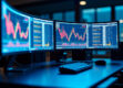 A modern trading desk with multiple curved monitors displaying stock market data.