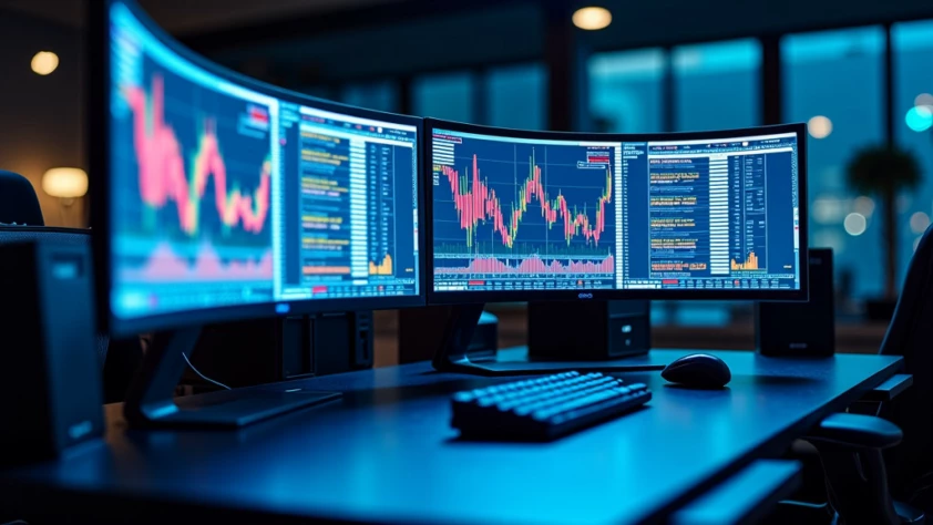 A modern trading desk with multiple curved monitors displaying stock market data.