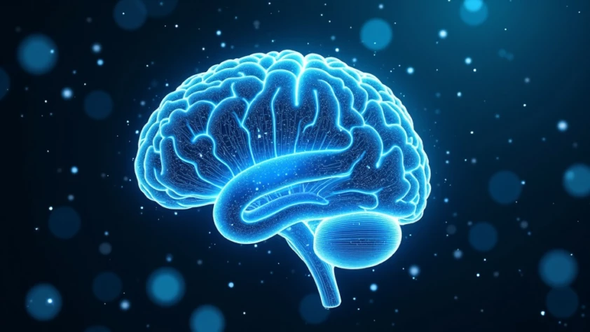 A close-up of a translucent human brain made of glowing blue circuitry and neural networks against a dark background.