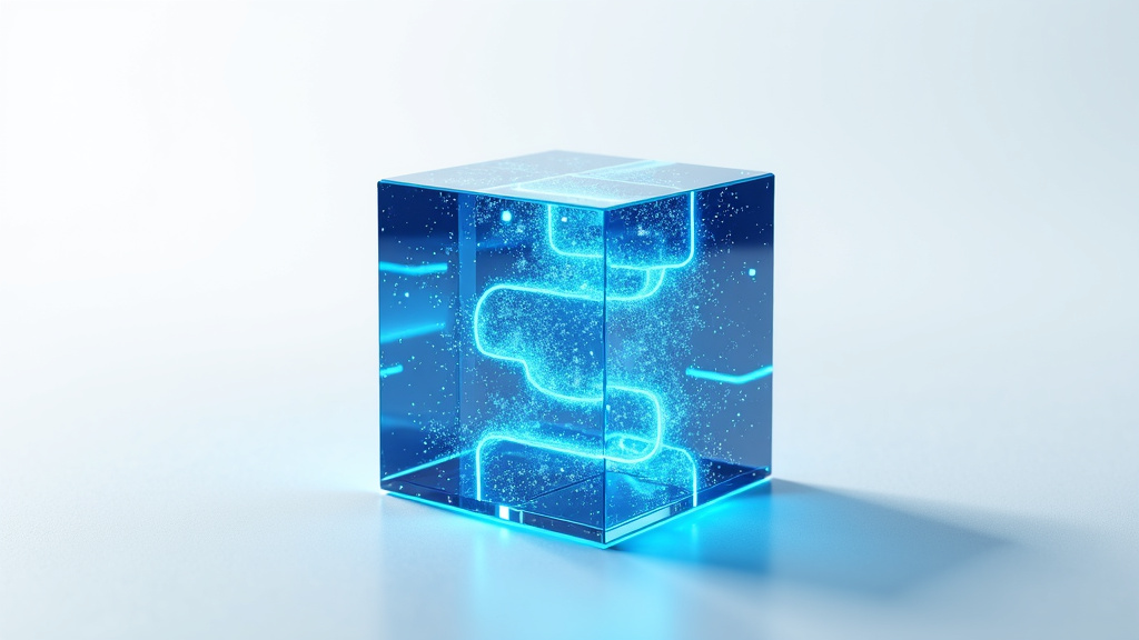 A close-up shot of a modern, translucent 3D cube with glowing blue data streams surrounded by floating particles of unstructured data against a white background.