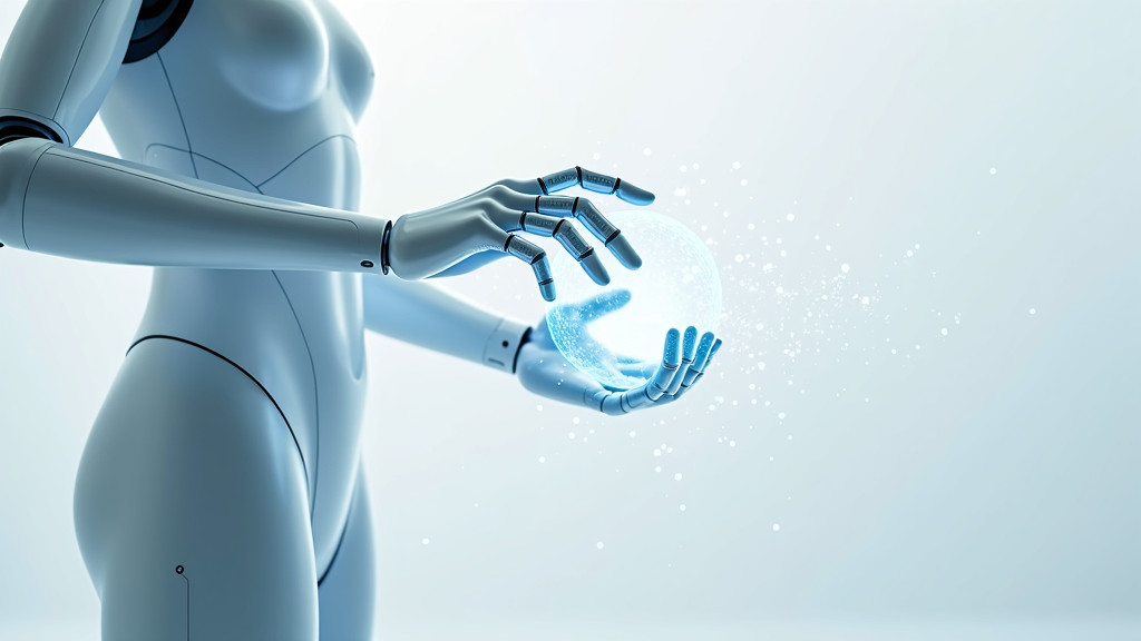 A sleek humanoid figure with blue-tinted gleams interacting with holographic particles in a clean environment.