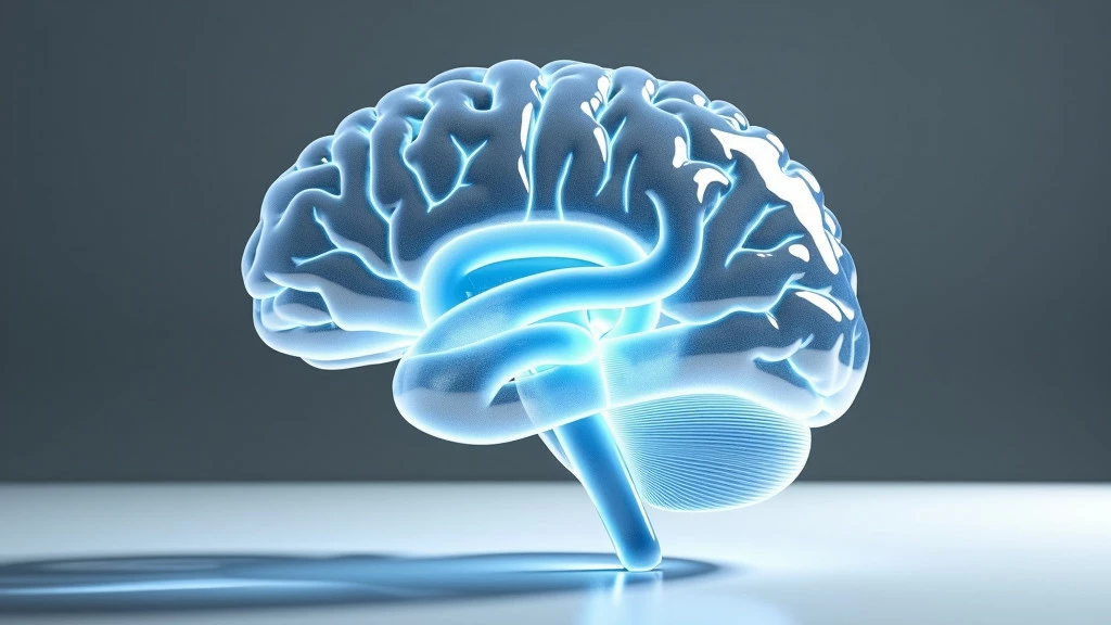 A close-up of a transparent brain sculpture with blue illumination.