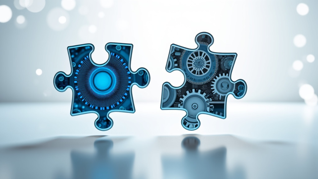 Two transparent jigsaw puzzle pieces representing digital interfaces and mechanical gears connecting in mid-air.