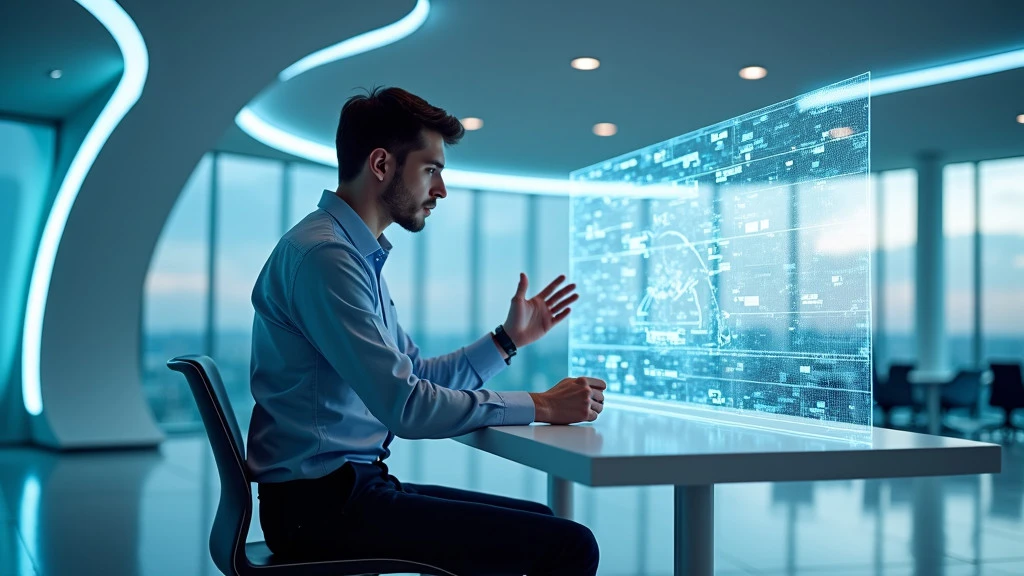 A photorealistic workspace of the future with a person at a minimalist desk interacting with holographic displays.