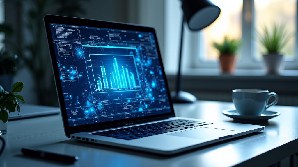 A photorealistic desk setup with a modern laptop and coffee cup, showcasing dynamic 3D visualizations in holographic blue light.