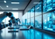 A sleek, futuristic command center with holographic displays and robotic arms in operation.