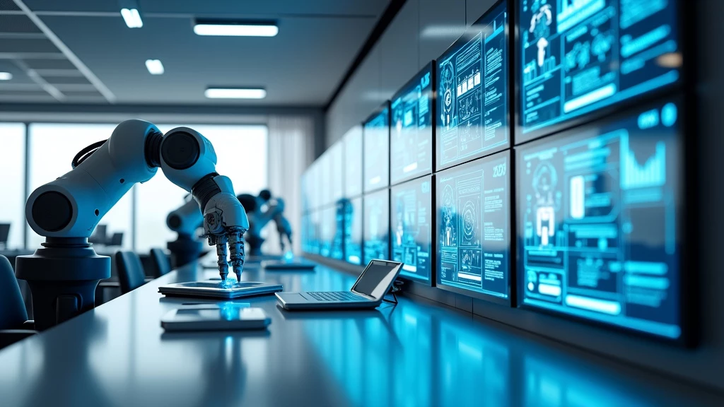 A sleek, futuristic command center with holographic displays and robotic arms in operation.