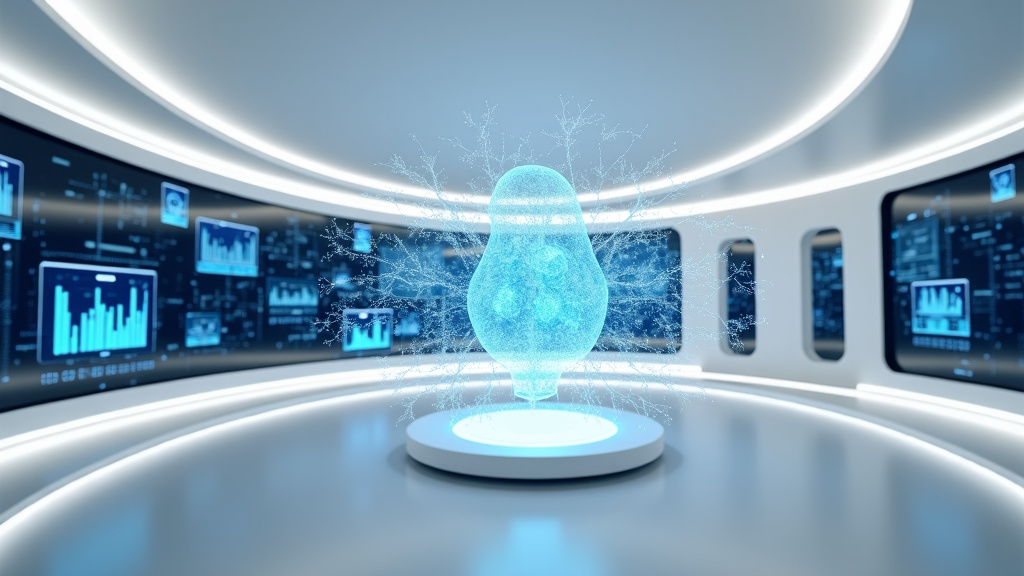 A photorealistic 3D rendering of a futuristic command center with holographic displays in a minimalist room.