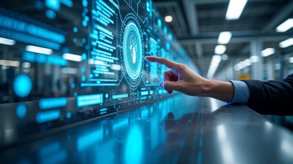 A human hand interacting with a blue AI interface in a sleek office with holographic displays.