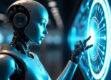 A sleek, futuristic robotic agent made of brushed metal and blue glowing circuits analyzing a holographic web in a dark space.