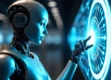 A sleek, futuristic robotic agent made of brushed metal and blue glowing circuits analyzing a holographic web in a dark space.