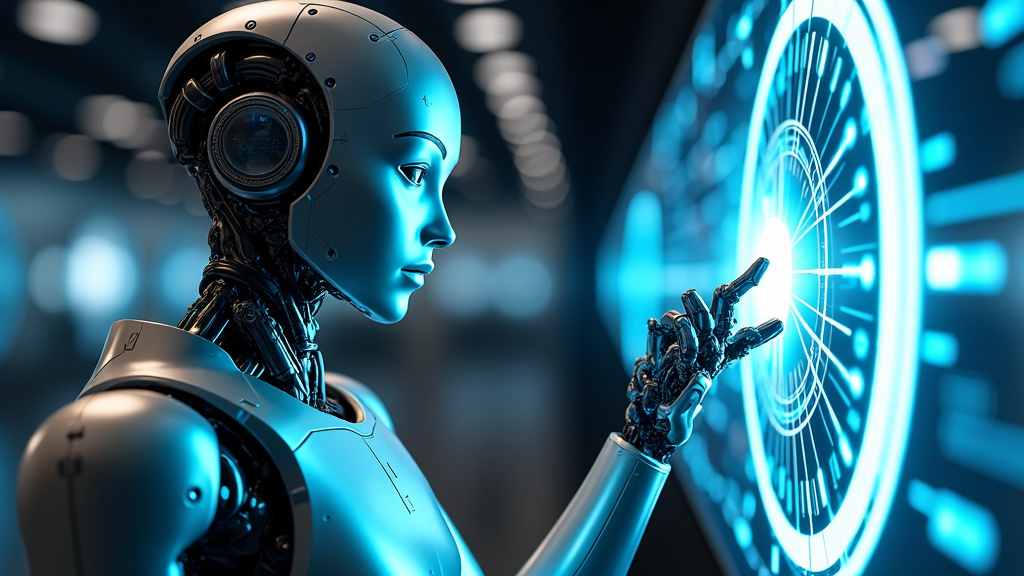 A sleek, futuristic robotic agent made of brushed metal and blue glowing circuits analyzing a holographic web in a dark space.