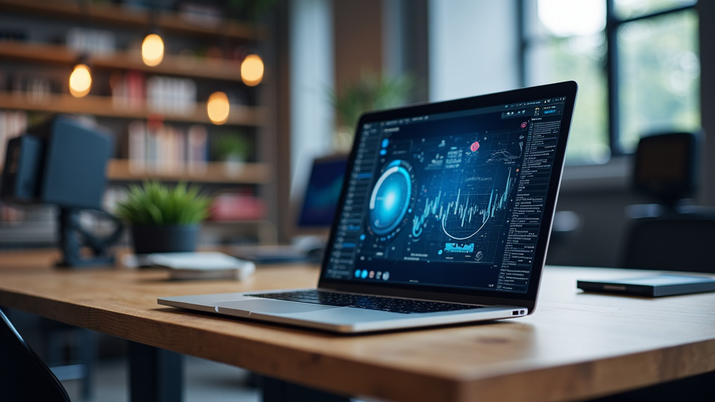 A sleek laptop displaying a digital interface with interconnected nodes in a modern workspace setting.