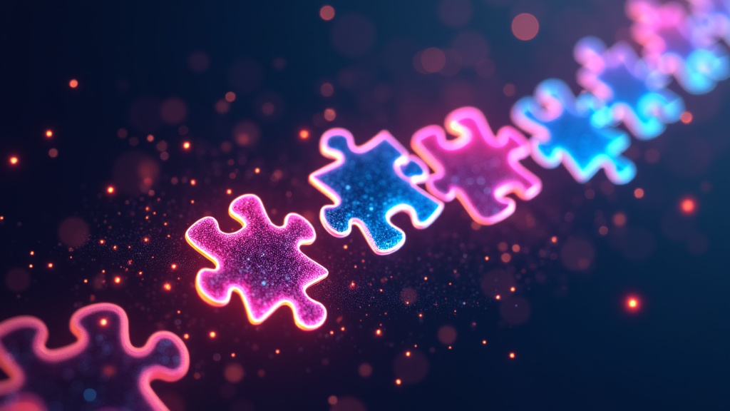 A 3D render of glowing puzzle pieces floating in space with a dark background.