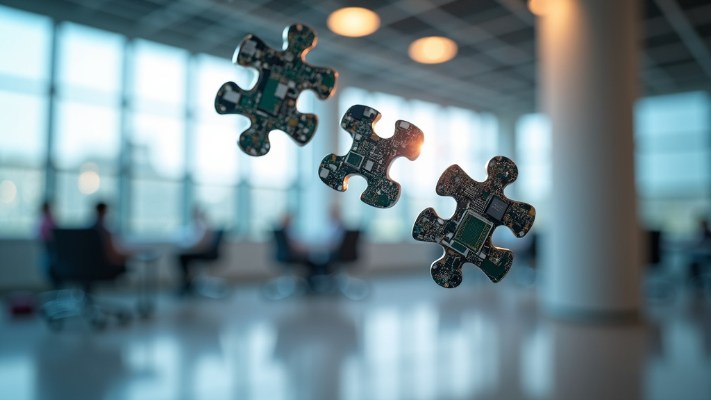 Interconnected Puzzle Pieces in Modern Office Close-up shot of metallic puzzle pieces representing technology floating in an office space.