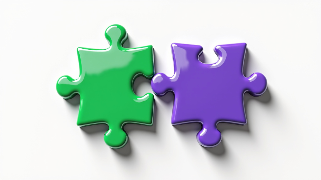 Two interlocking puzzle pieces; one green representing HubSpot and one purple representing Slack, floating against a white background.