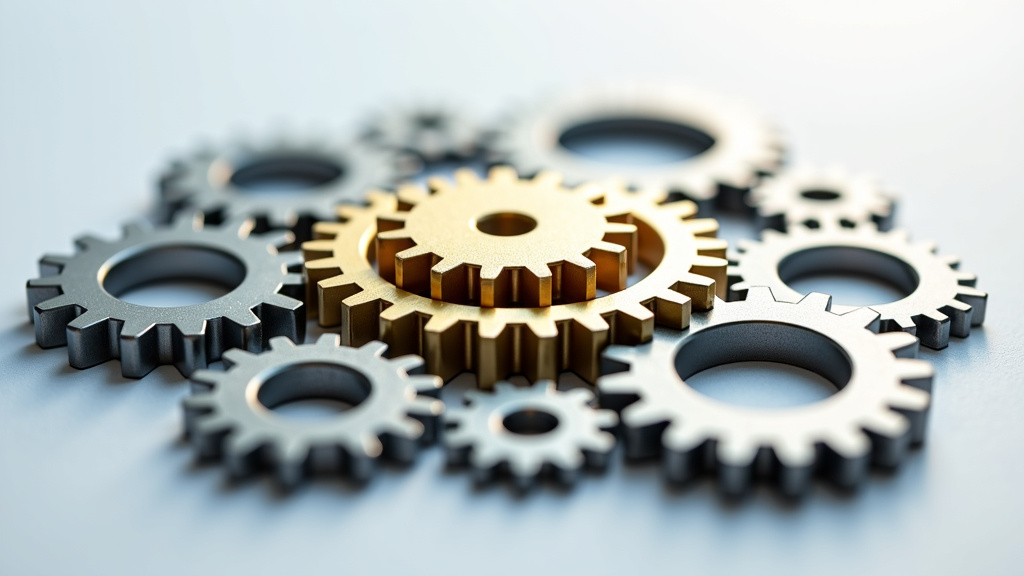 Professional photograph of interlocking gears with a golden gear in the center.