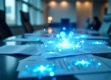A clean, minimalist office scene bathed in natural light with a sleek desk and glowing digital holograms.