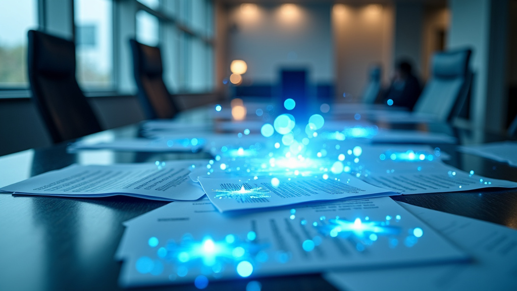 A clean, minimalist office scene bathed in natural light with a sleek desk and glowing digital holograms.