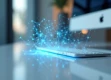A clean, minimalist workspace with a floating holographic interface displaying interconnected nodes and flowing data streams.