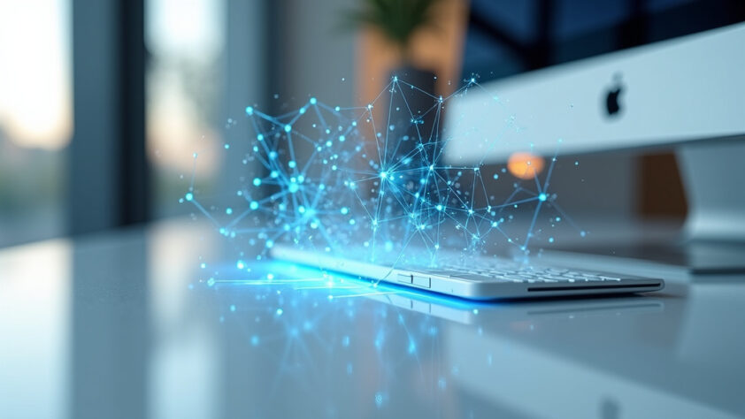 A clean, minimalist workspace with a floating holographic interface displaying interconnected nodes and flowing data streams.