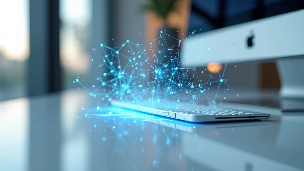 A clean, minimalist workspace with a floating holographic interface displaying interconnected nodes and flowing data streams.