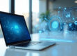 A clean, modern e-commerce workspace featuring a sleek laptop and a holographic display with AI analytics.