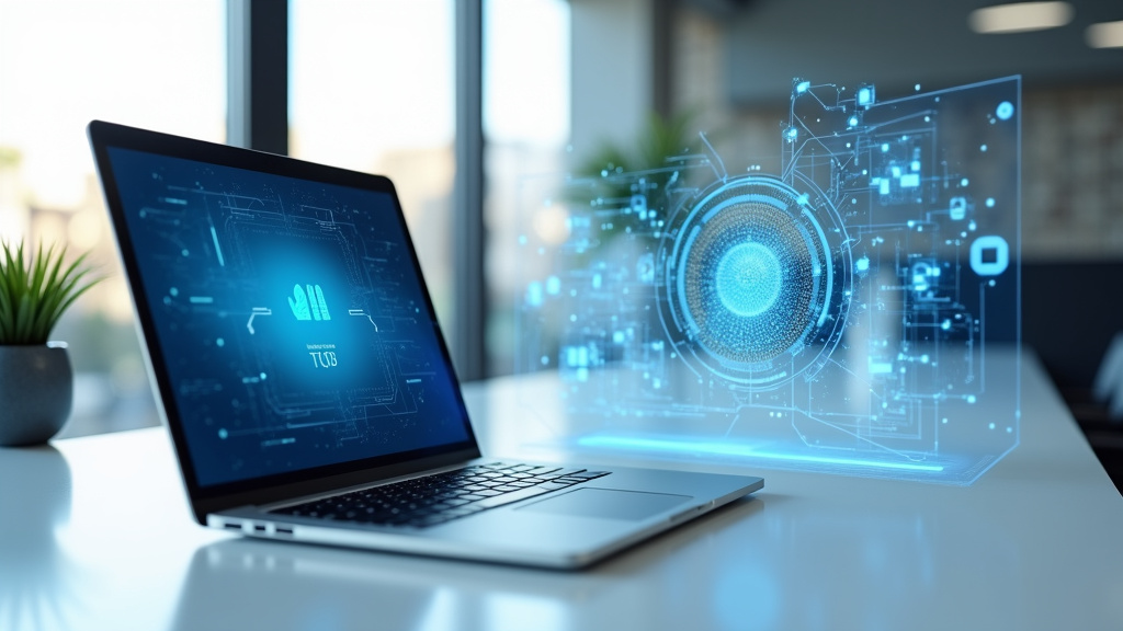 A clean, modern e-commerce workspace featuring a sleek laptop and a holographic display with AI analytics.