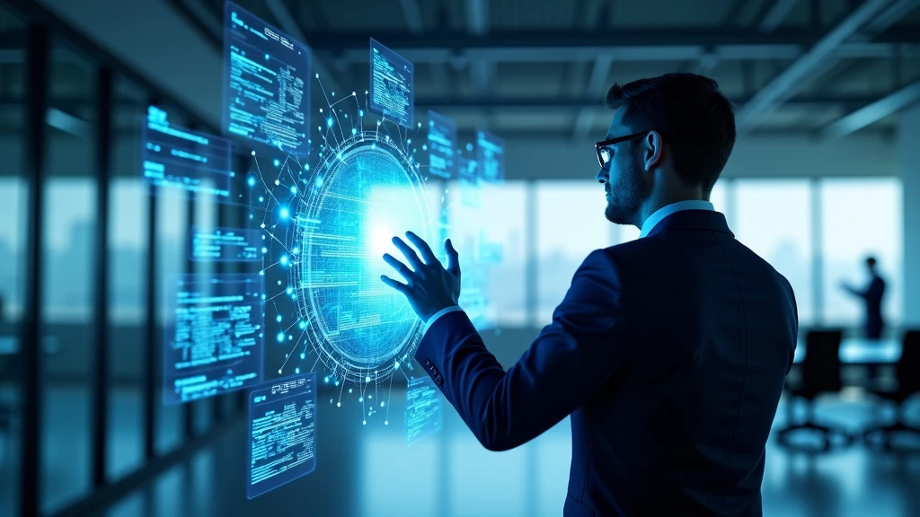 A businessman orchestrating a holographic display in a sleek office environment.