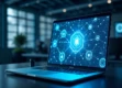 A sleek, modern office setting with a holographic interface showing data streams in blue tones.