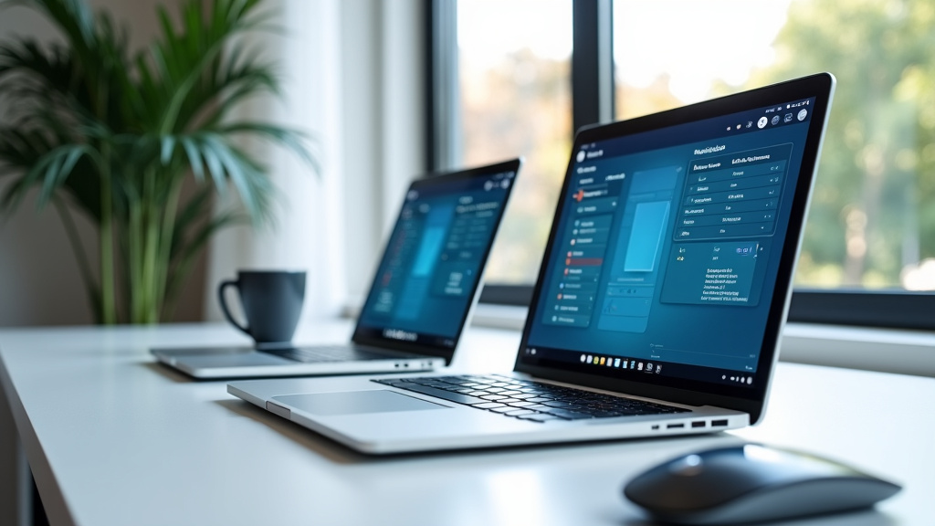 A minimalist office workspace with two laptops on a white desk, showcasing a collaborative interface and natural light.