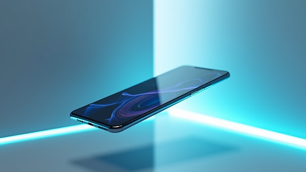 A sleek, modern smartphone surrounded by glowing blue digital patterns and AI visualizations in a minimalist studio.