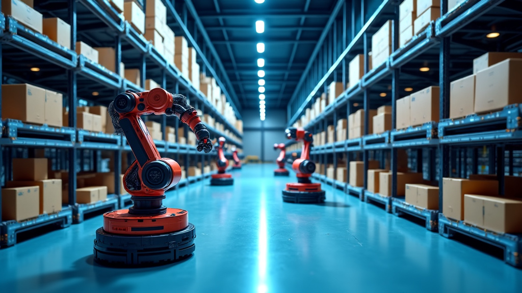 A modern warehouse interior with robotic arms and conveyor belts processing orders