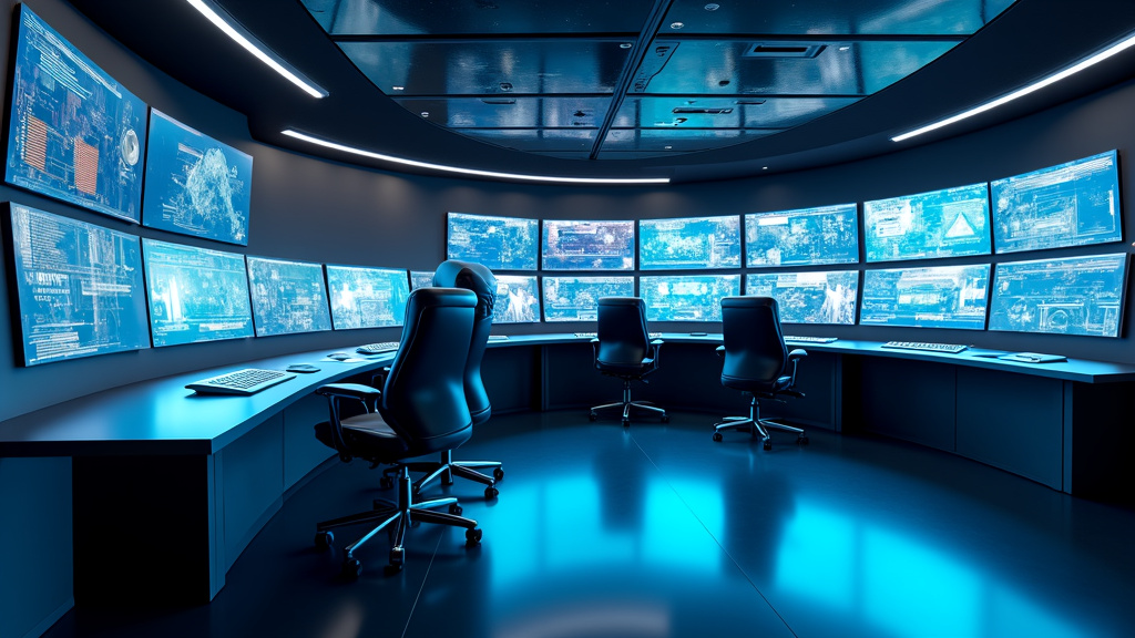 A modern, minimalist command center with multiple curved displays and ambient blue lighting.