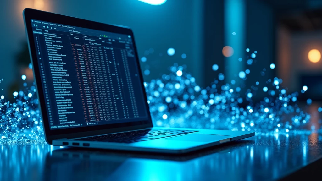 A modern desk setup with a laptop showing a spreadsheet and holographic data visualizations.