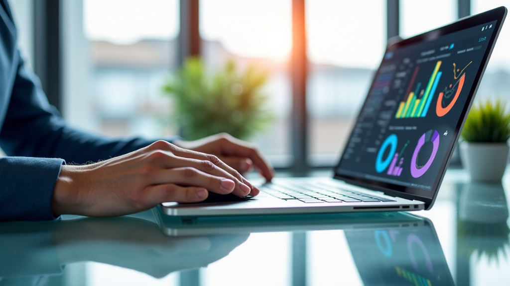 A close-up of a modern glass desk with a laptop displaying colorful data visualizations and a human hand using a wireless mouse, featuring translucent blue geometric patterns suggesting AI integration.